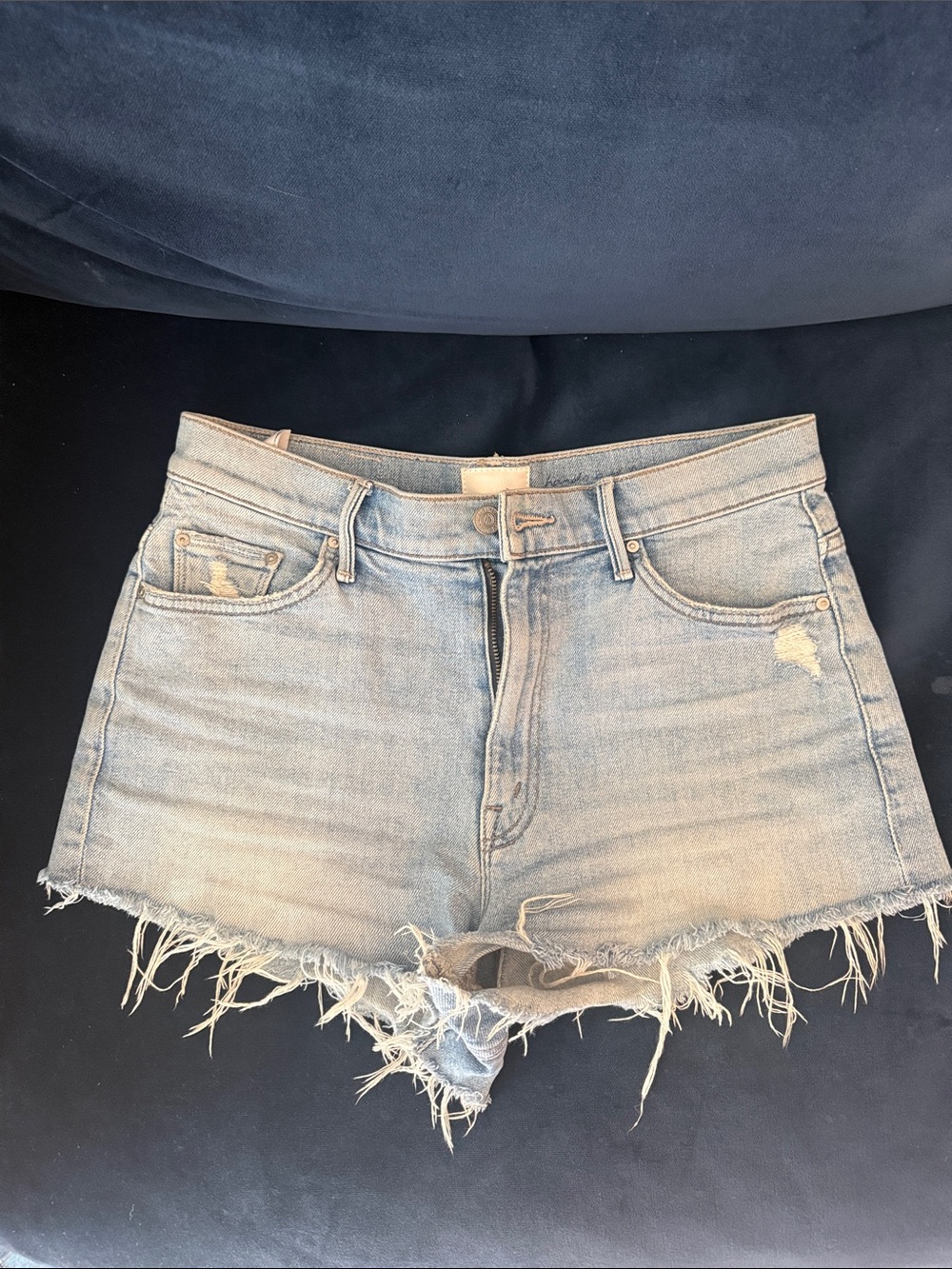 MOTHER Light Blue Frayed Hem Denim Shorts